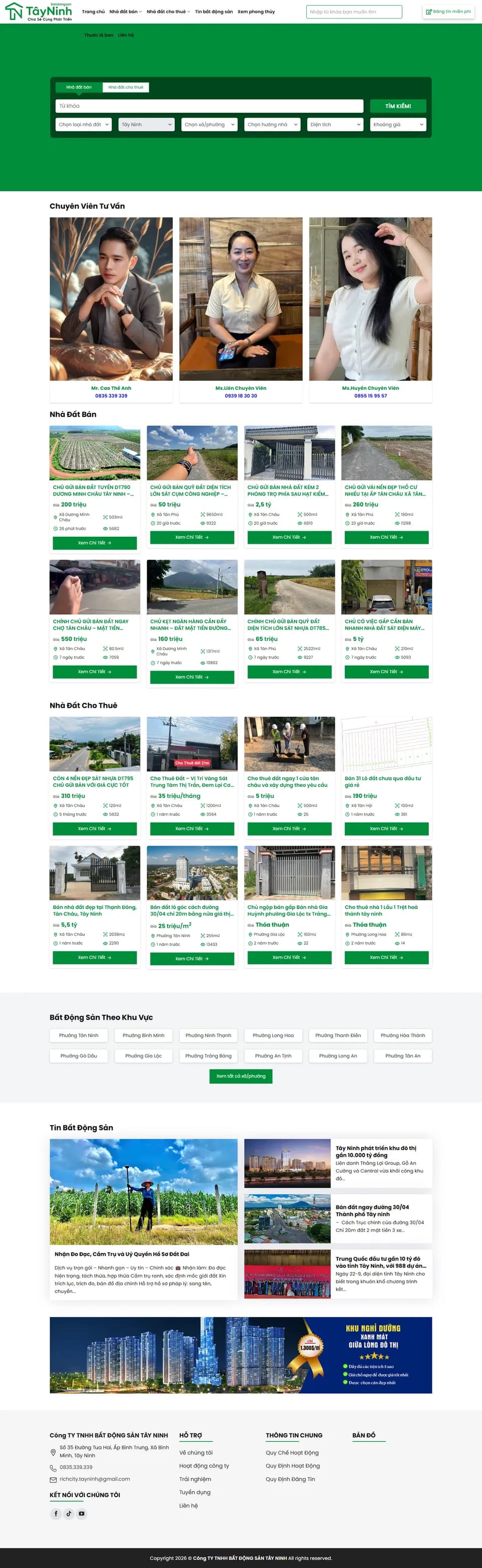 Toàn bộ trang chủ website Bất Động Sản Tây Ninh trên máy tính