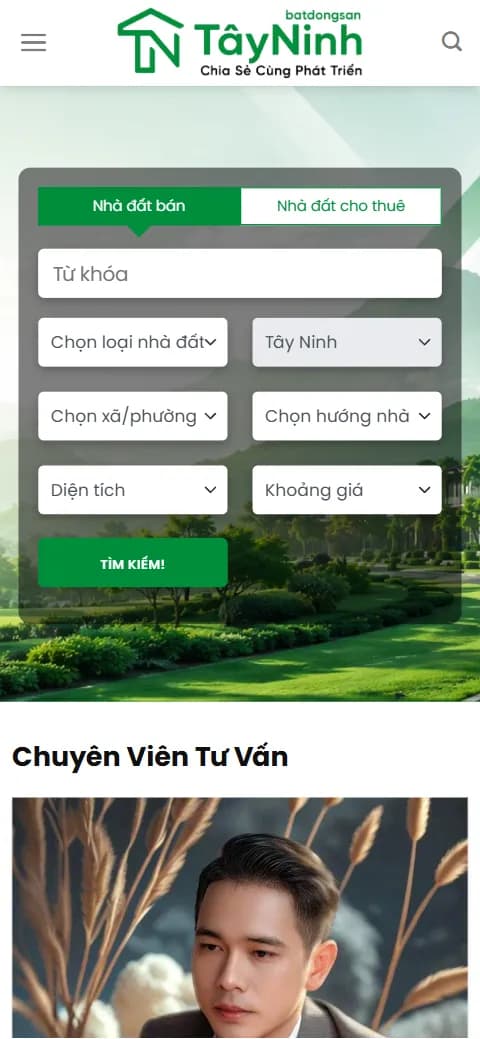 Giao diện website Bất Động Sản Tây Ninh trên điện thoại