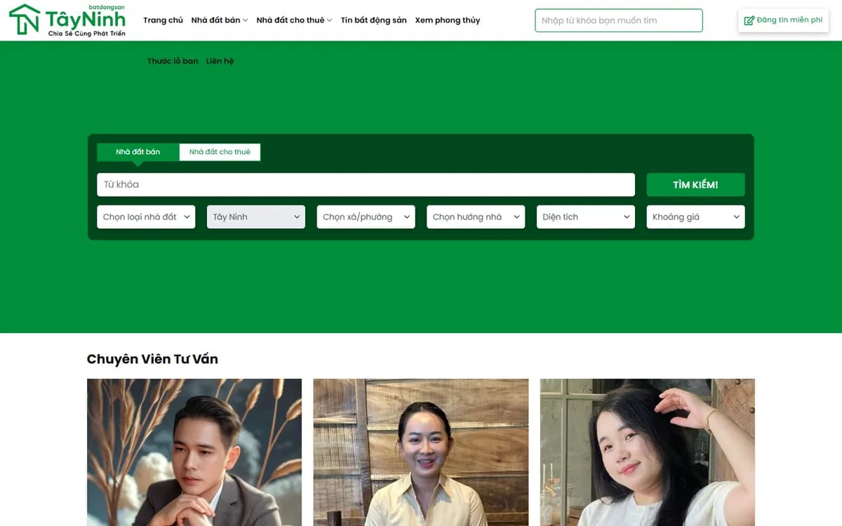 Giao diện website Bất Động Sản Tây Ninh trên máy tính