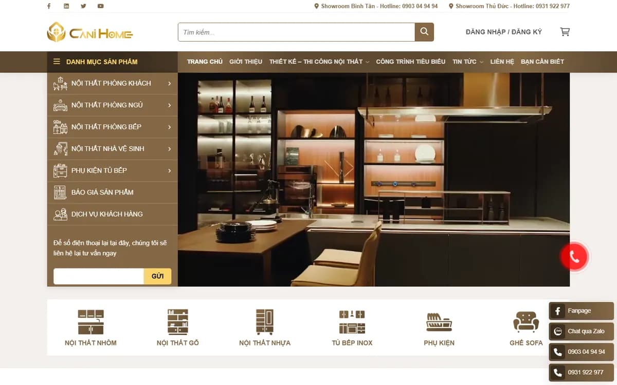 Thiết kế website nội thất CaniHome – bán hàng và nhận tư vấn thi công