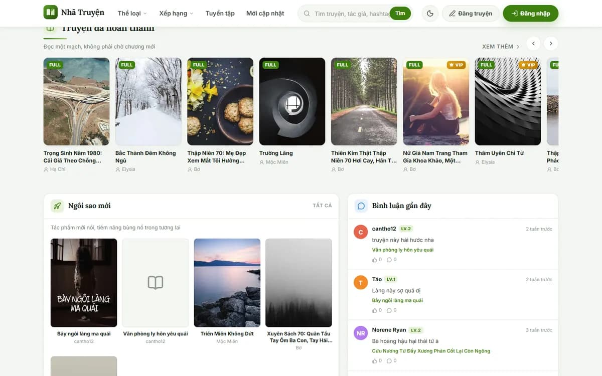 Truyện đã hoàn thành, ngôi sao mới và bình luận gần đây