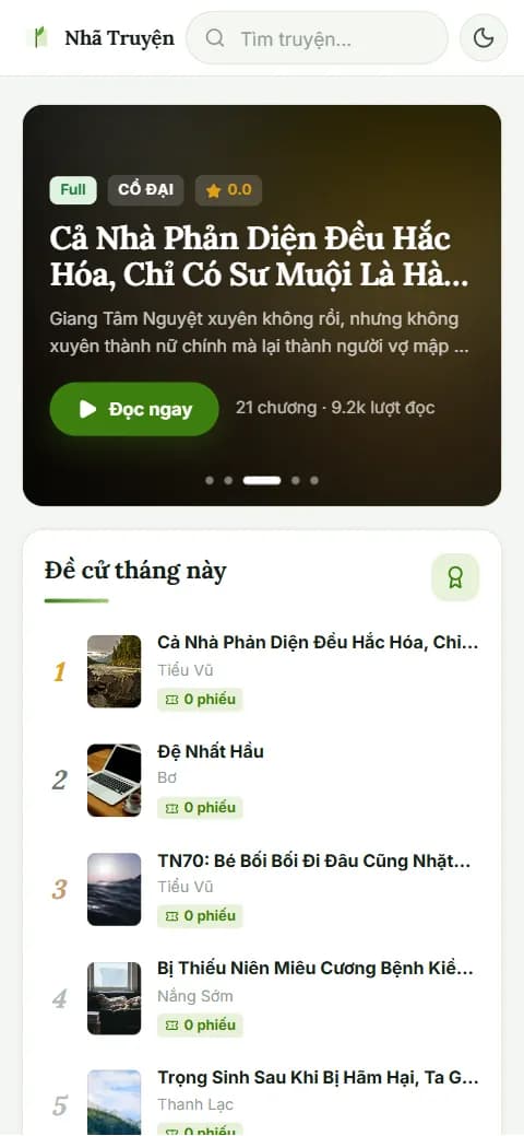 Giao diện website Hải Trình Novel (Nhã Truyện) trên điện thoại