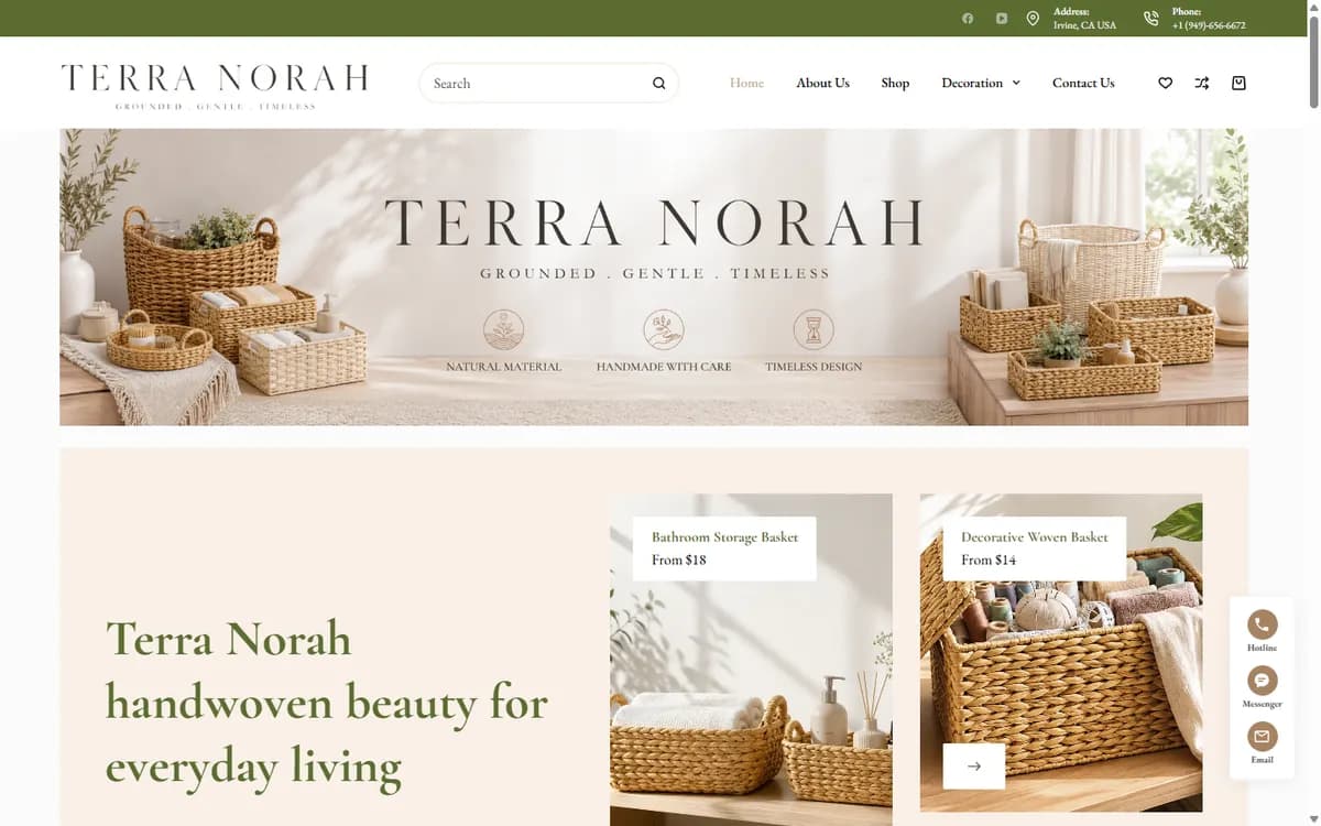Thiết kế website Terra Norah – bán giỏ lục bình đan tay cho thị trường Mỹ