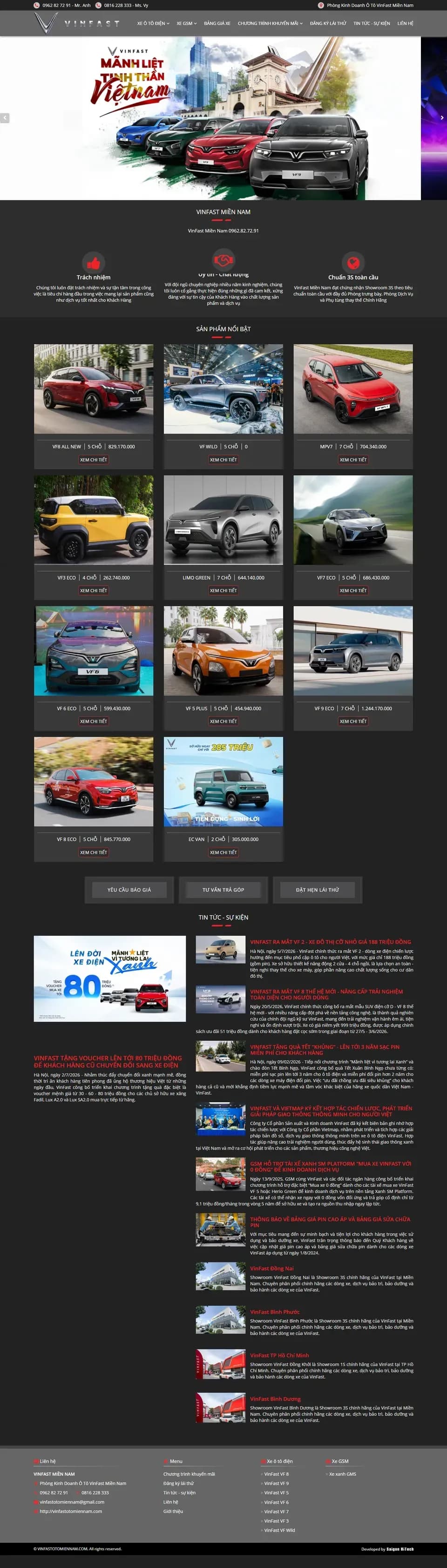 Toàn bộ trang chủ website VinFast Miền Nam trên máy tính