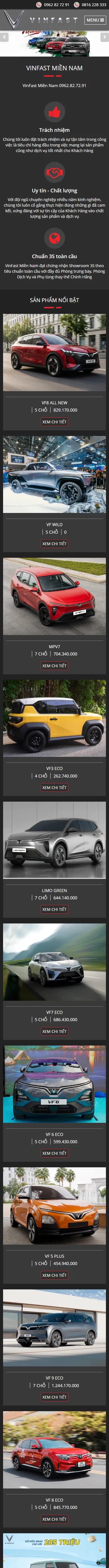 Toàn bộ trang chủ website VinFast Miền Nam trên điện thoại