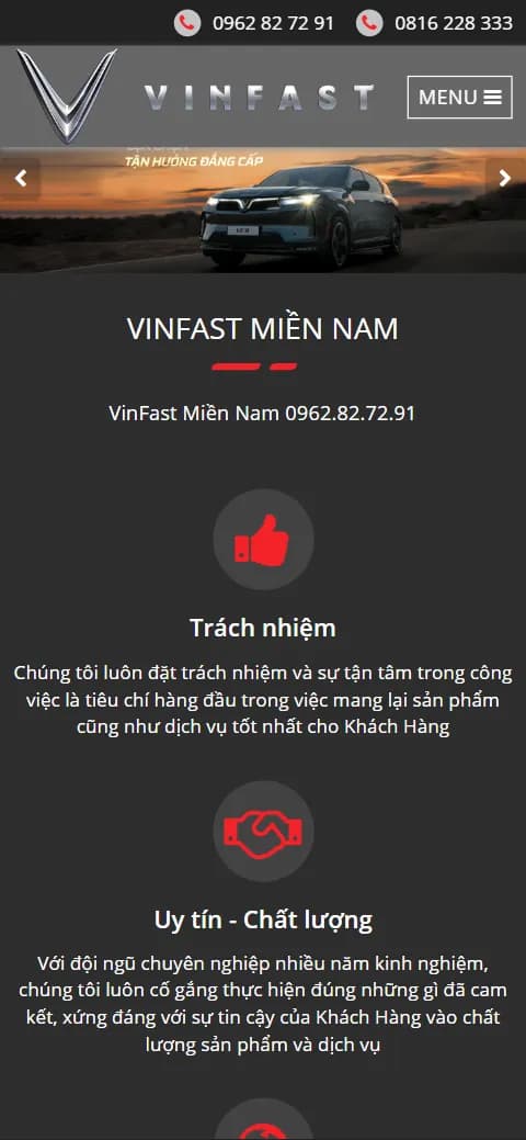 Giao diện website VinFast Miền Nam trên điện thoại