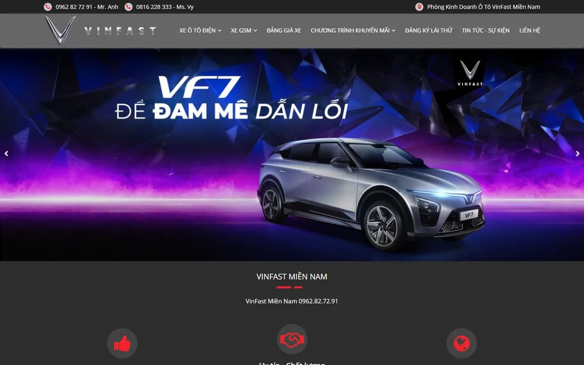 Giao diện website VinFast Miền Nam trên máy tính