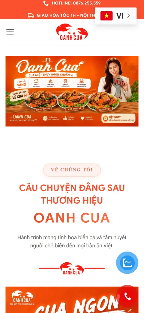 Giao diện website Oanh Cua trên điện thoại