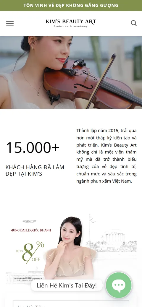 Giao diện website Kim’s Beauty Art trên điện thoại
